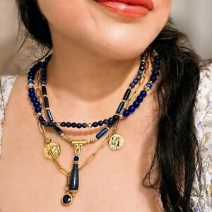 Blue Lapis Lazuli & Glass Beads In Three Strand Necklace In Gold Plated